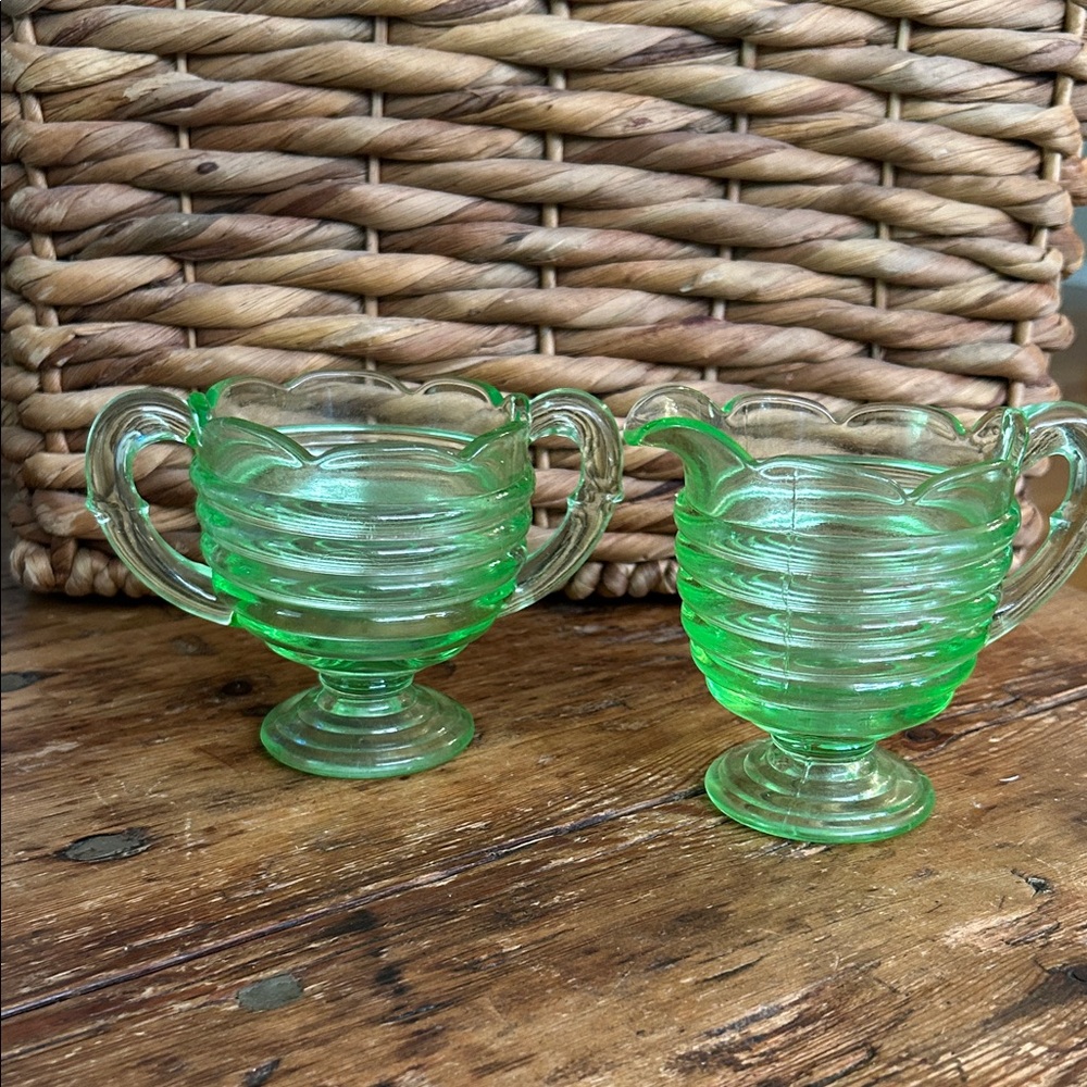 Vintage Duncan Miller Ripple Green Glass Creamer and Sugar Set